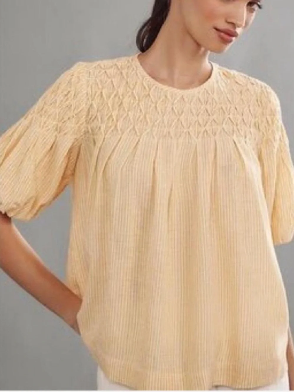 Anthropologie Butter Yellow & White Striped Smocked Puff Sleeve Blouse